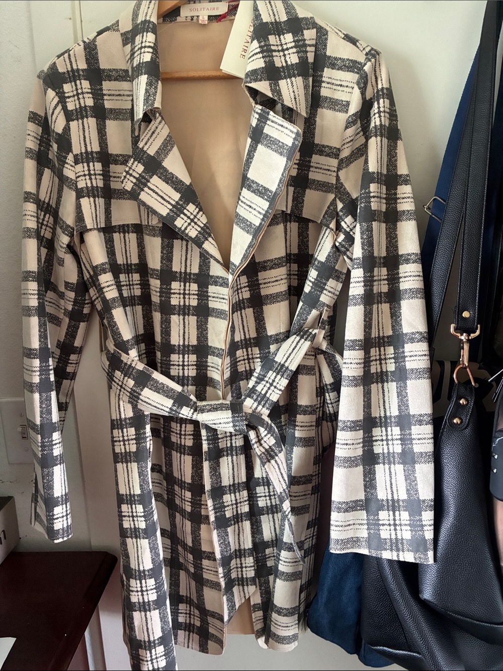 Solitaire Cream & Black Plaid Belted Trench Coat